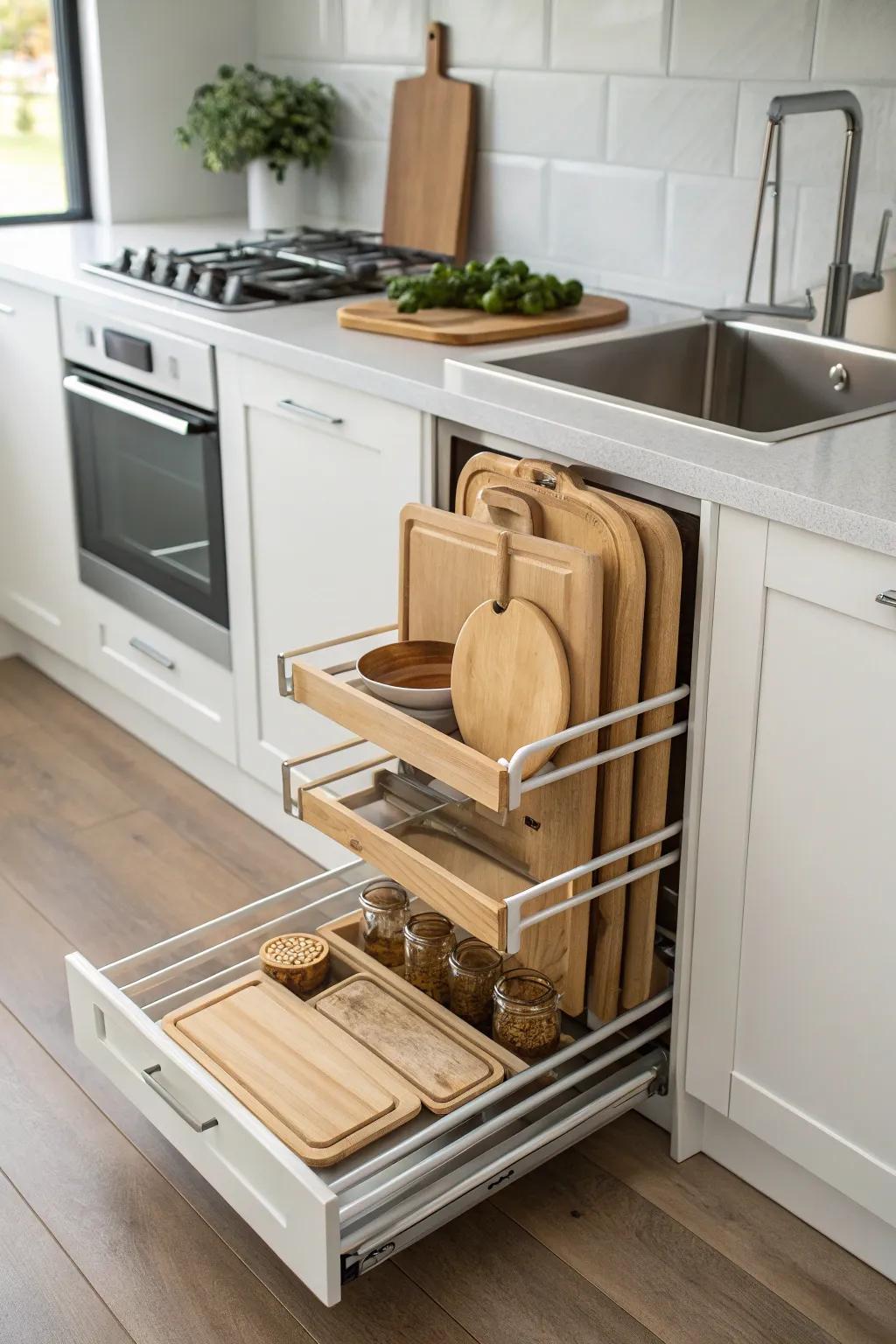 Pull-out shelf with cutting boards organized efficiently.