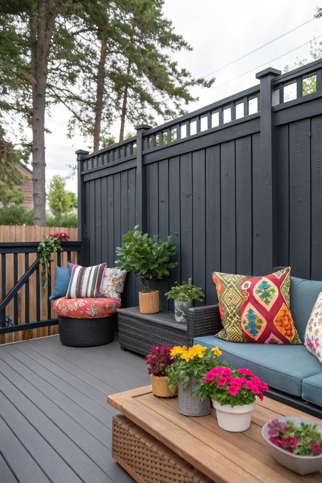 A snug patio featuring a deep charcoal privacy boundary highlighted by bright pillows and containers.