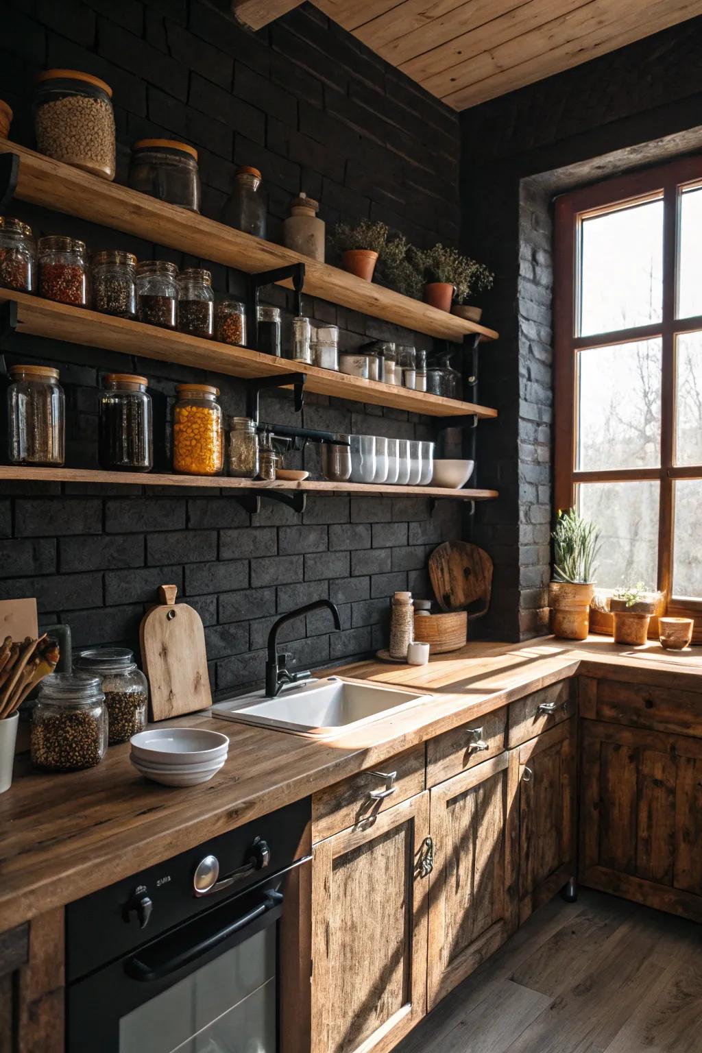A cozy kitchen boasts a dark brick backsplash complemented by wooden shelving, exuding an inviting ambiance.