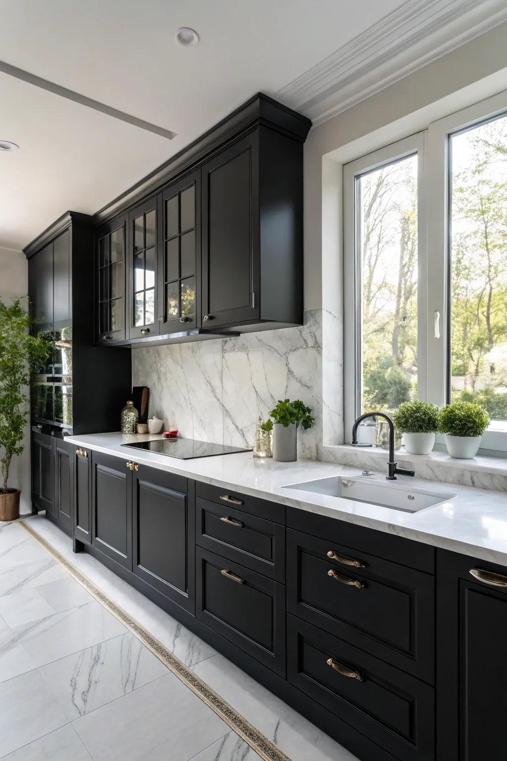 Intriguing contrast between shadowy cabinets and alabaster marble countertops emphasizes the kitchen's openness.