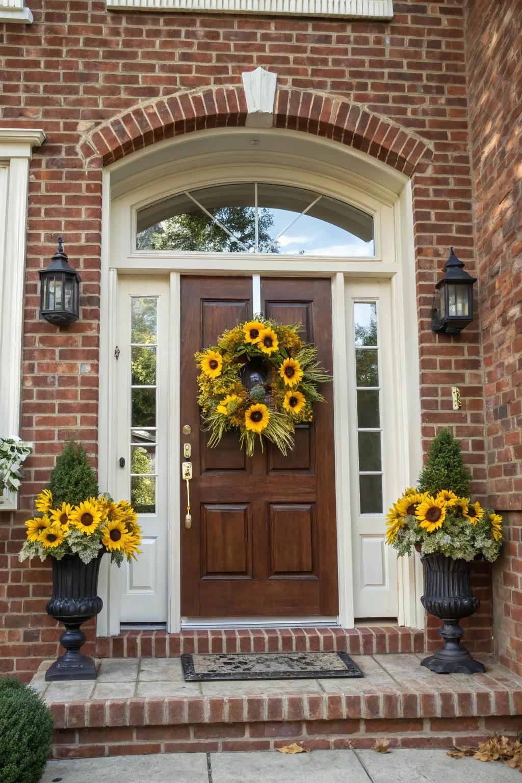 A sunflower wreath adds a welcoming touch to any entryway.