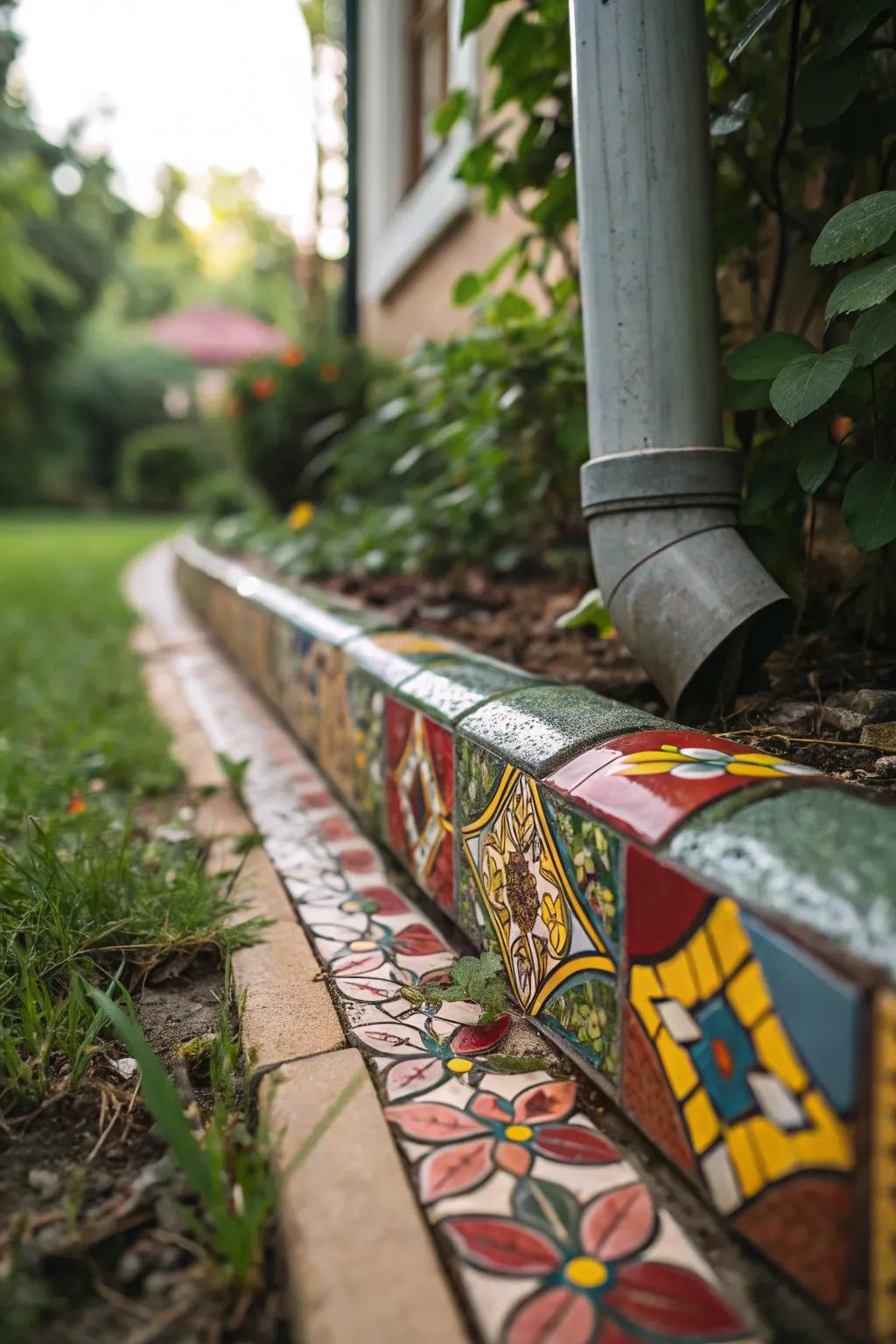 Brighten your downspout area with mosaic art for an exciting visual twist.