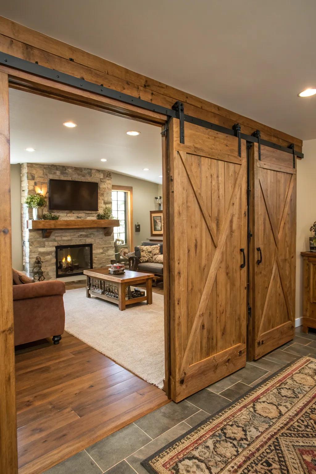 Rolling wood entrances infuse both function and farmhouse elegance.