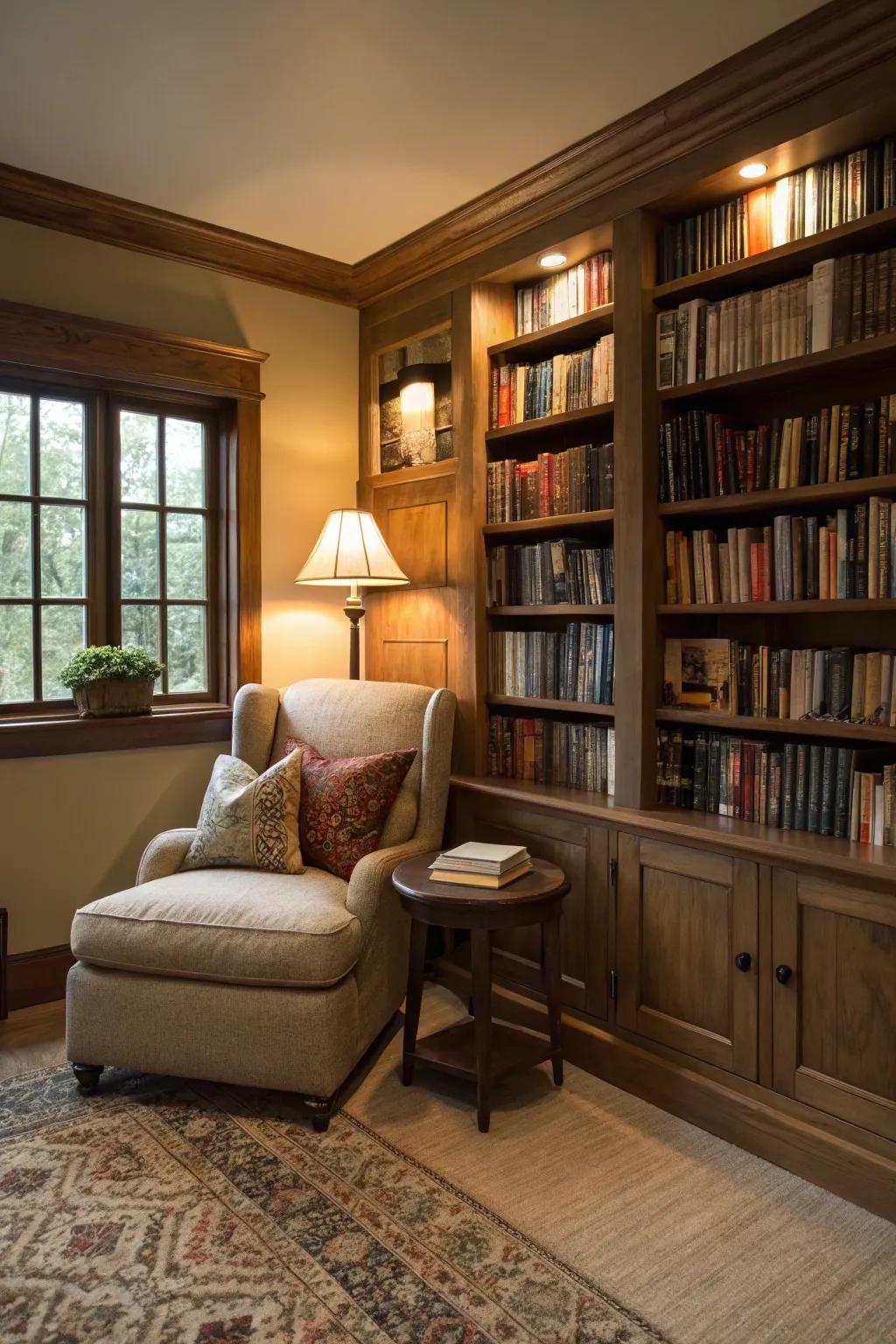 A welcoming den boasting a book-filled wall and a study spot.