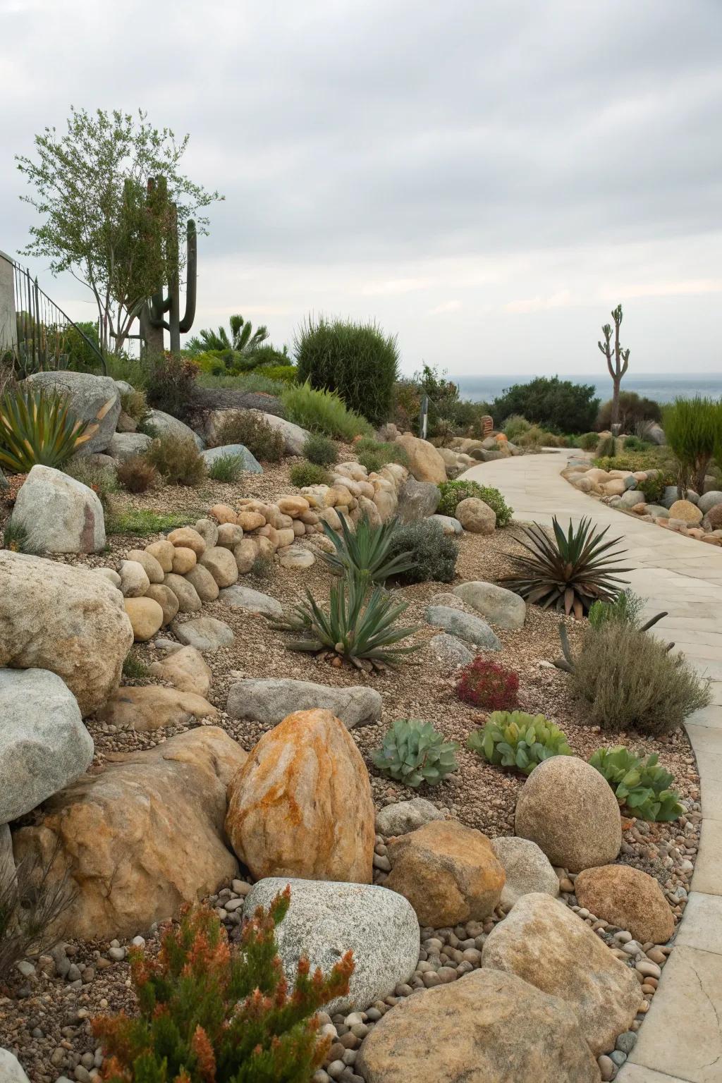 An ingeniously crafted rock garden that harmonizes flawlessly with its encompassing desert milieu.