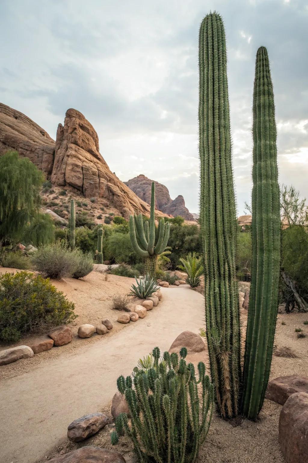 Tall cacti add majestic height and drama to desert landscapes.