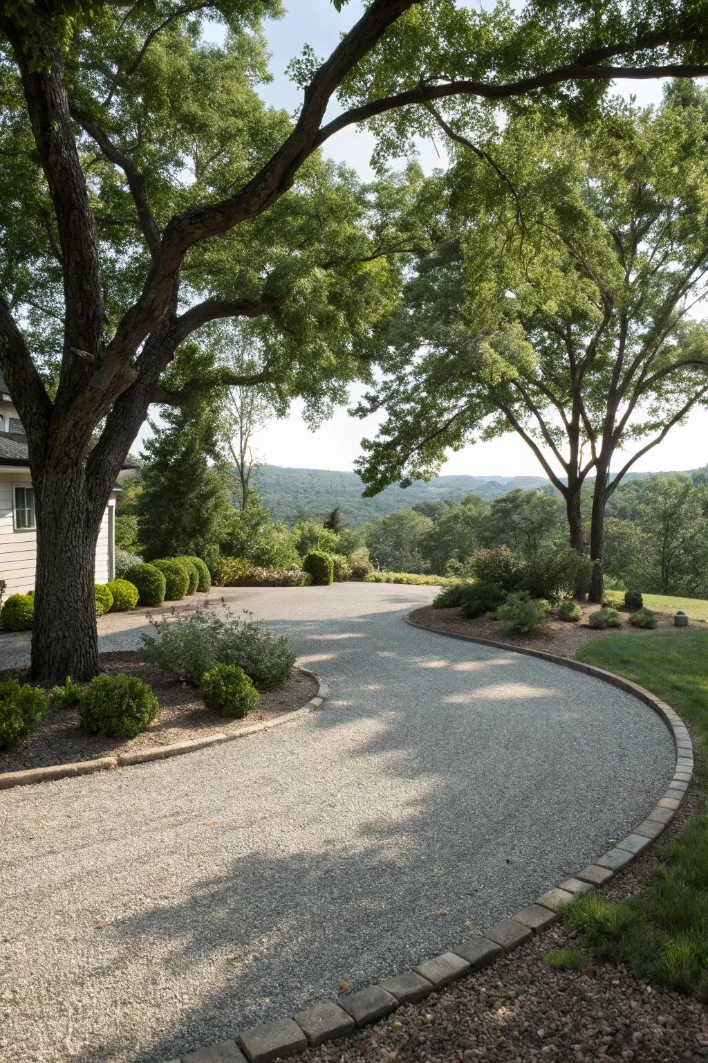 This gravel driveway exudes rustic charm while blending seamlessly with the natural surroundings.