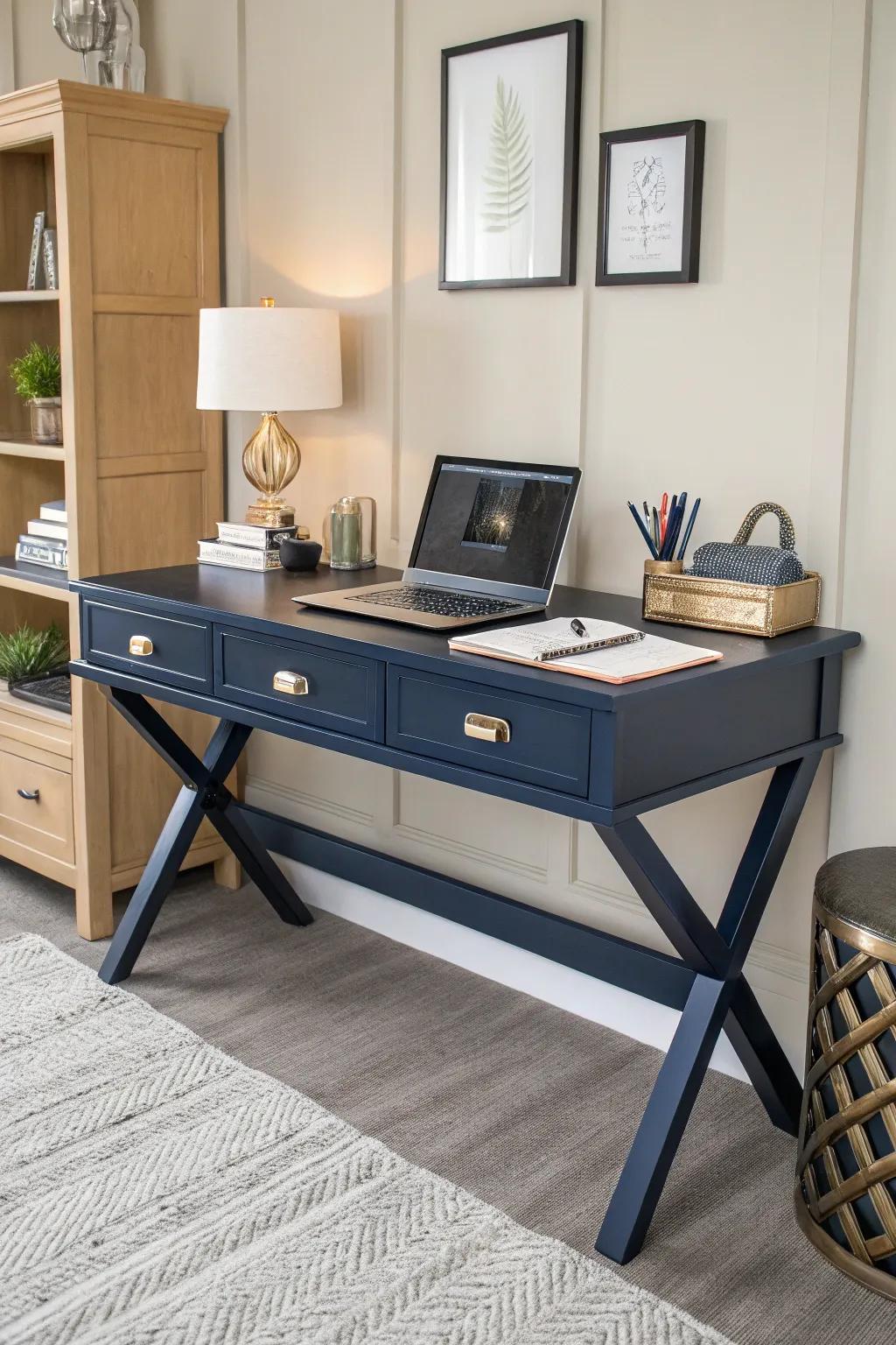 Sophisticated indigo adds a modern twist to this home office.