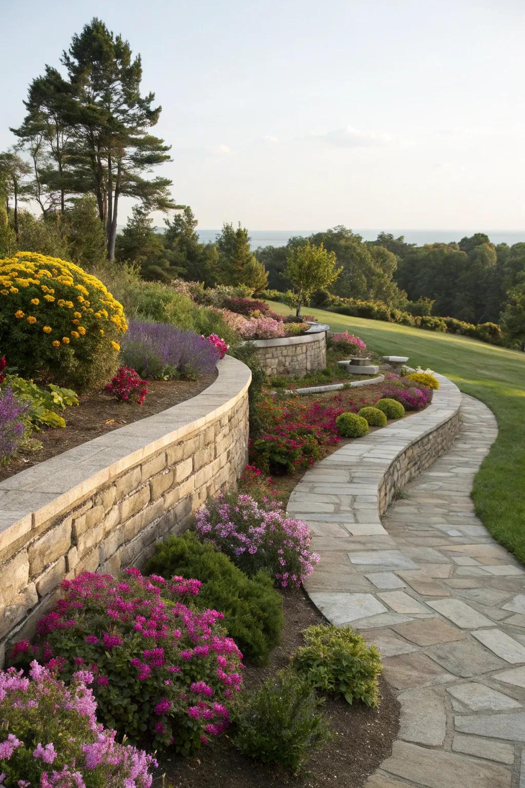 A curved retaining wall adds elegance and seamless design.