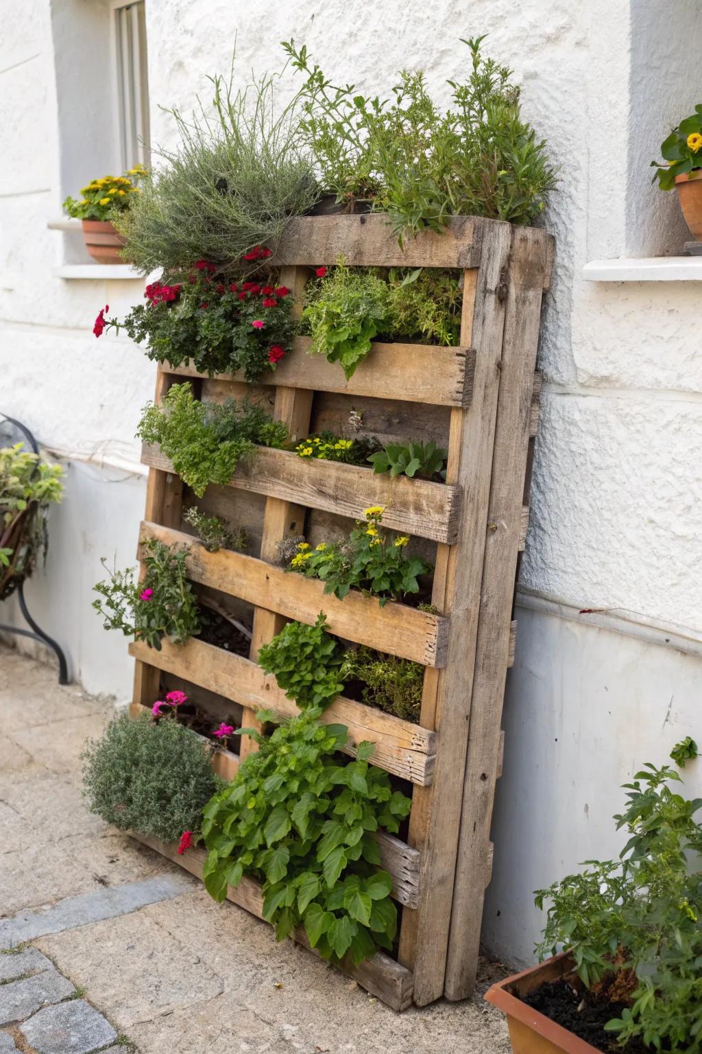 Elevate your green space with a DIY vertical garden made from repurposed materials.