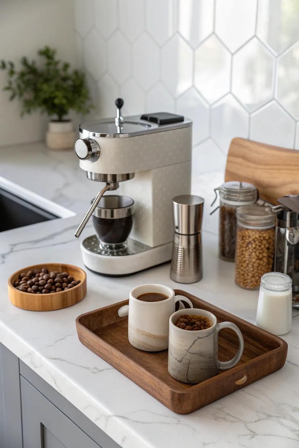 Brew your morning joy in style with this chic espresso corner. ☕✨ #ScandiBoho #CoffeeBarDreams