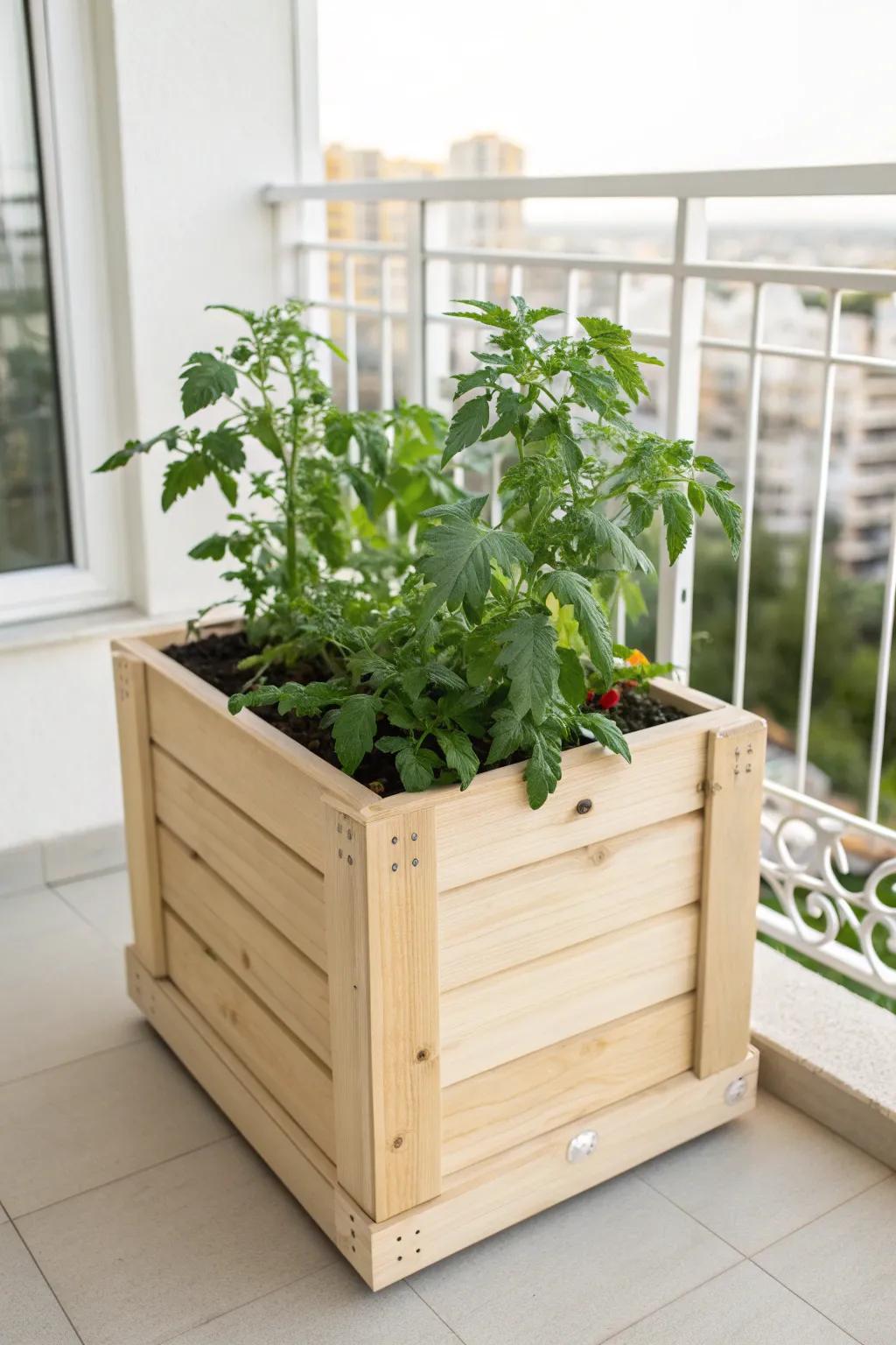 Elevate your small space with a chic and compact tomato planter box, perfect for fresh balcony harvests in style.
