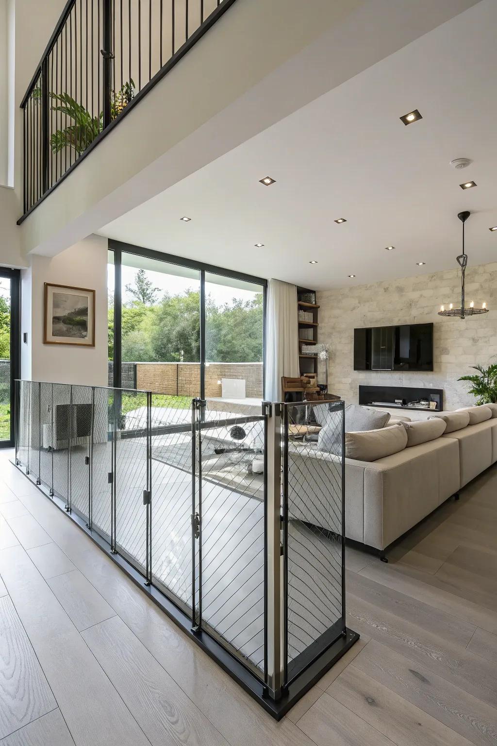 A transparent dog fence that keeps the room's open and modern aesthetic intact.