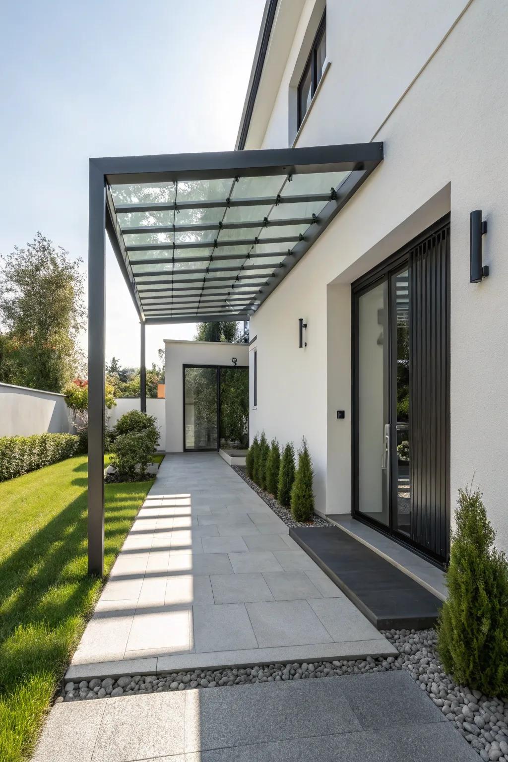 A modern home entrance featuring a sleek metal covering.