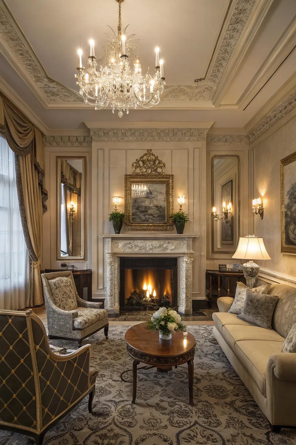 The fireplace is a key social hub, giving off warmth and allure.