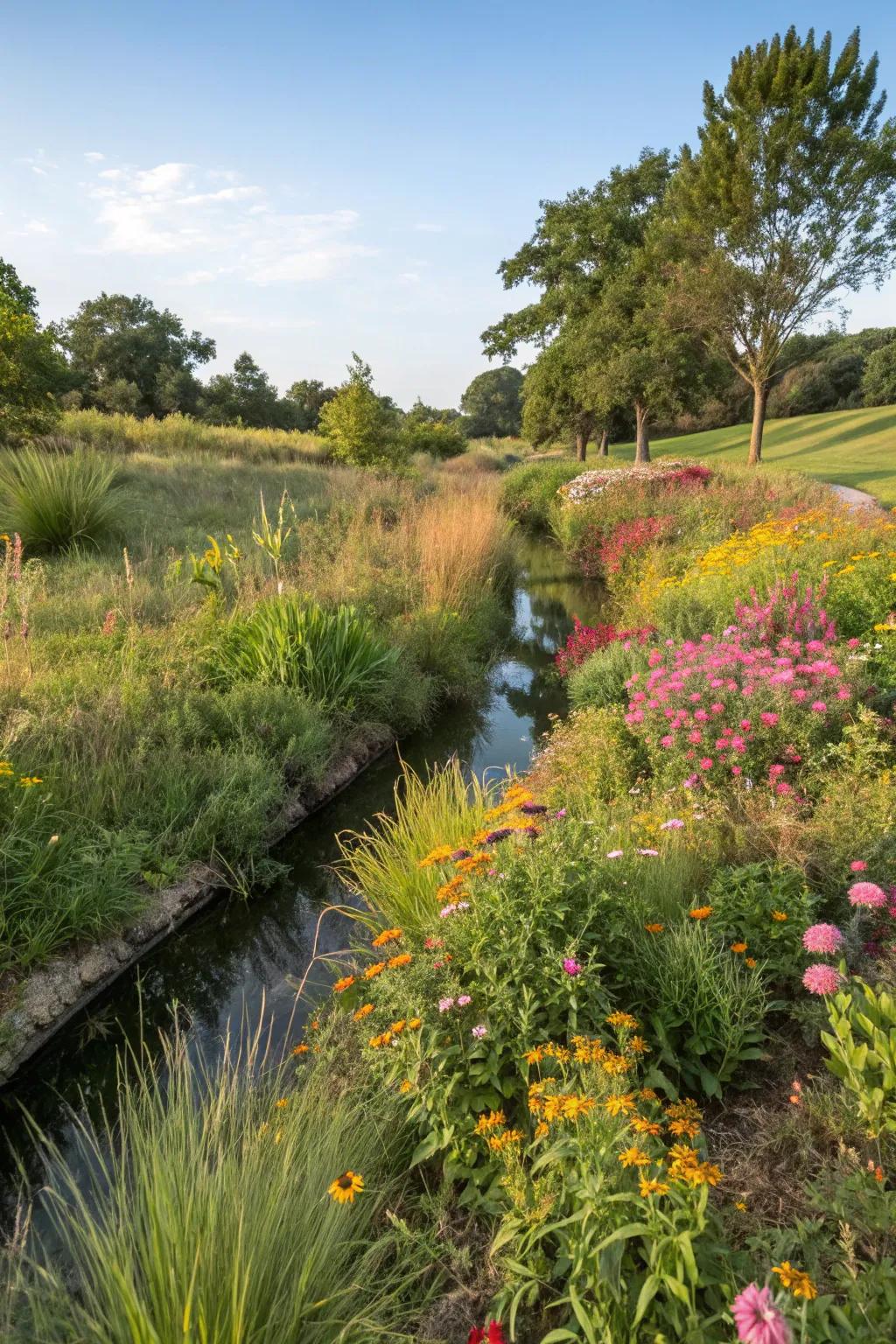 Lush vegetation brings life and stability to a drainage swale.