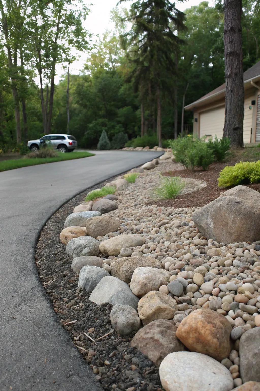 A stony landscape imparts an earthy, textured feel to this driveway.
