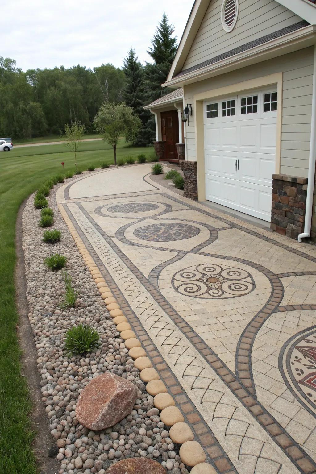 A charming driveway showcasing an artistic paver pathway.