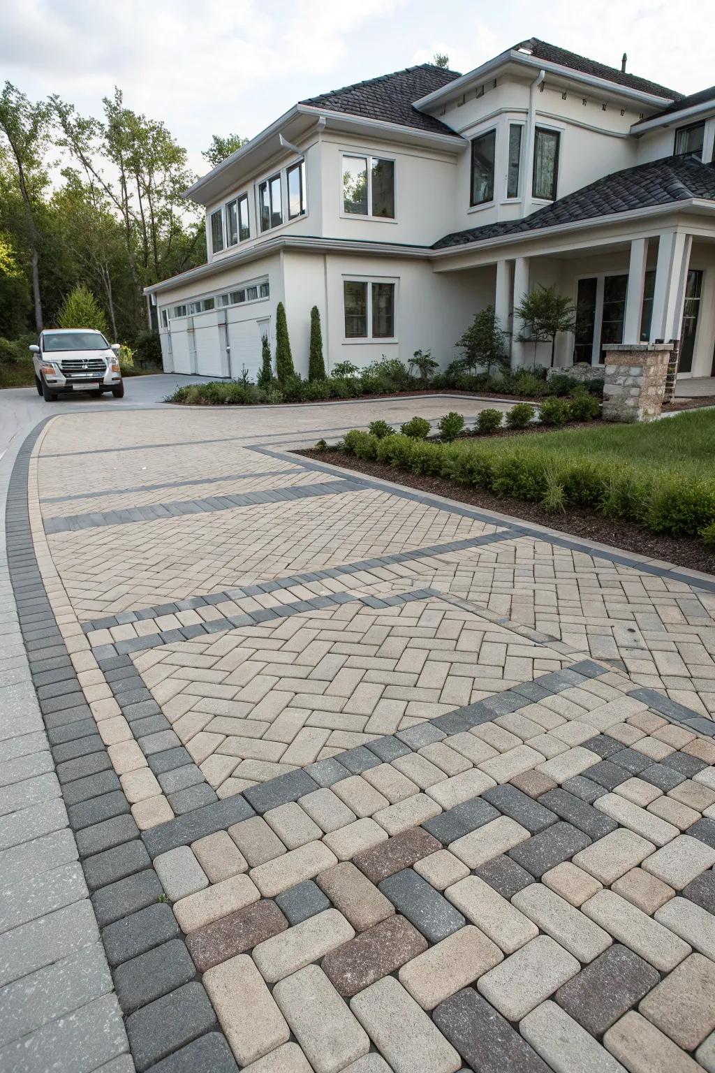 A basketweave pattern brings a modern touch to driveway aesthetics.