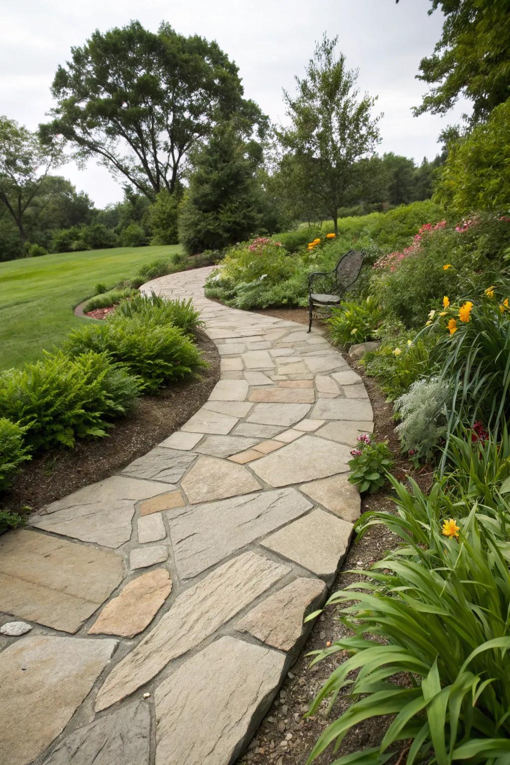 A curved flagstone path with charming natural appeal.
