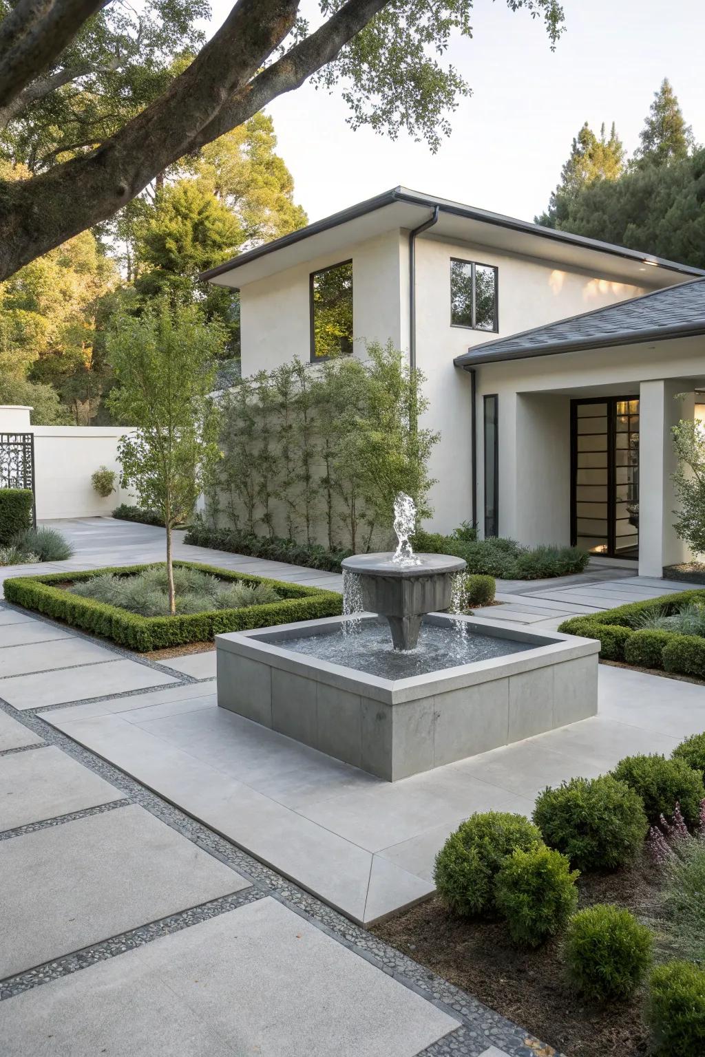 A modern geometric fountain introduces a contemporary note.