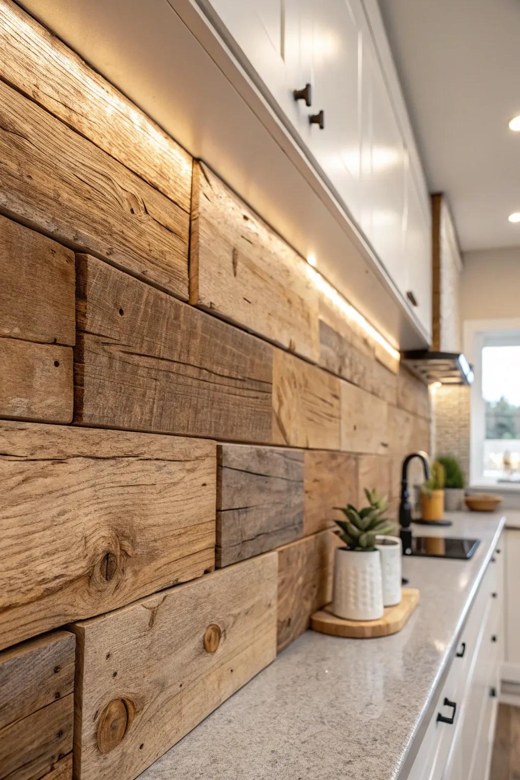 Transform your kitchen with the timeless charm of rustic wood panels. Warmth and texture in every grain!