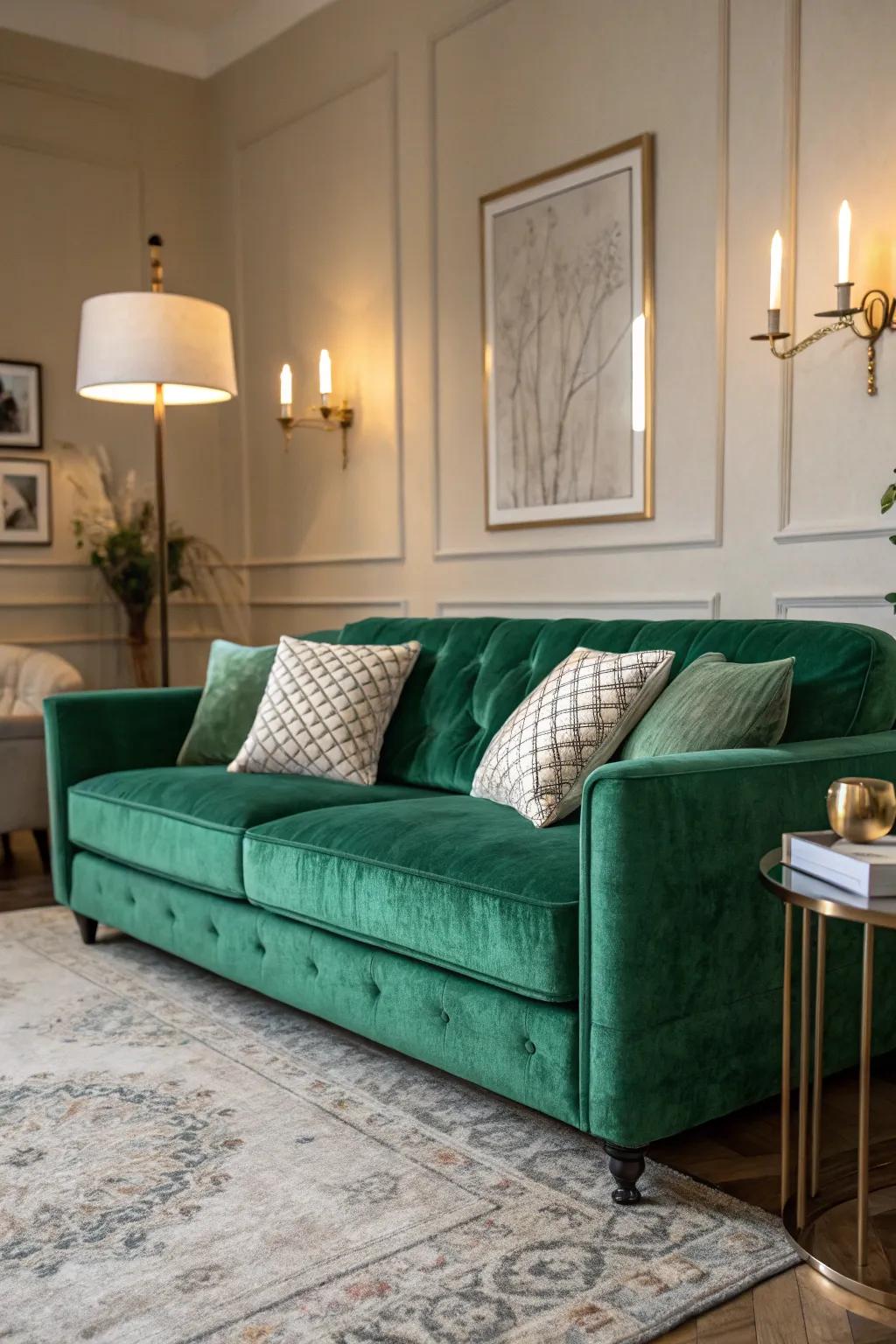 Sumptuous verdant plush sofa as a key point.