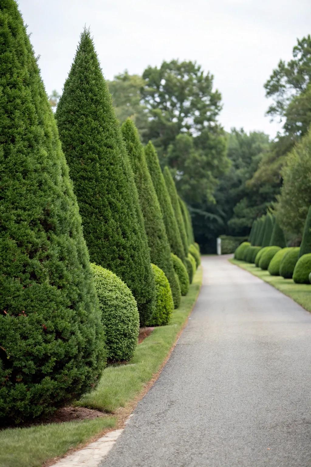 Evergreen bushes present structure with year-round greenery.
