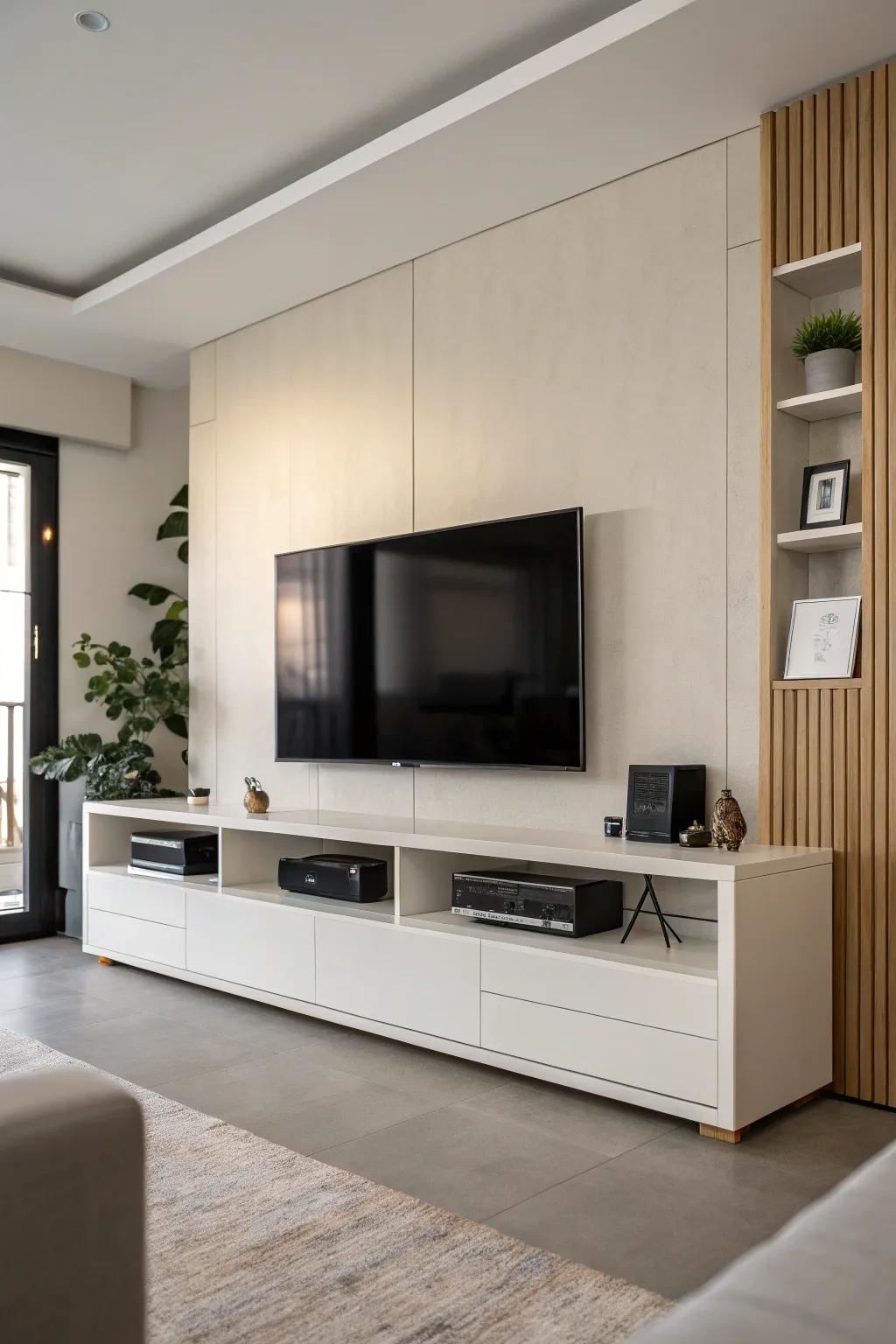 A minimalist entertainment center featuring sleek lines and a substantial television.