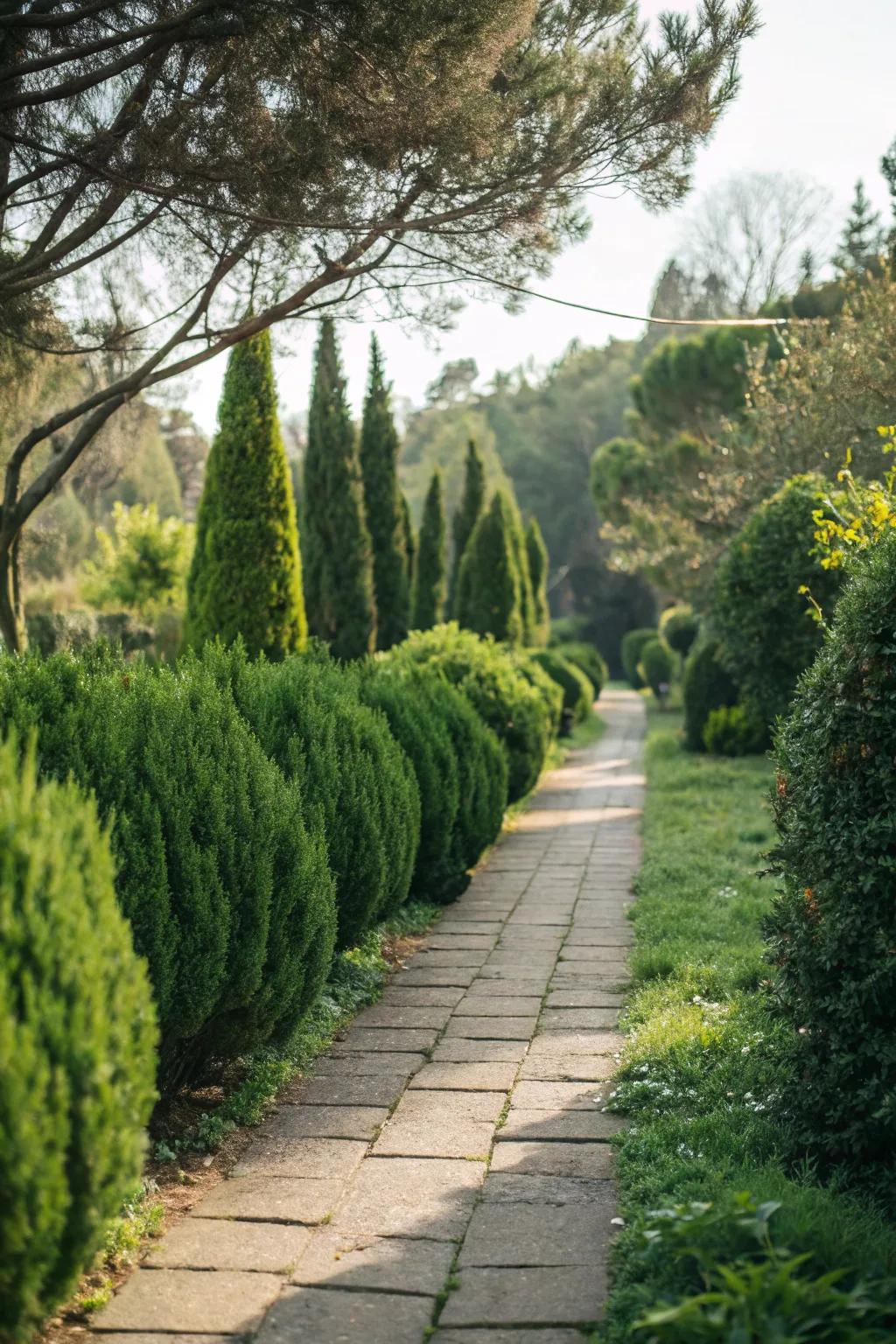 A picturesque garden pathway with neatly lined evergreen shrubs.