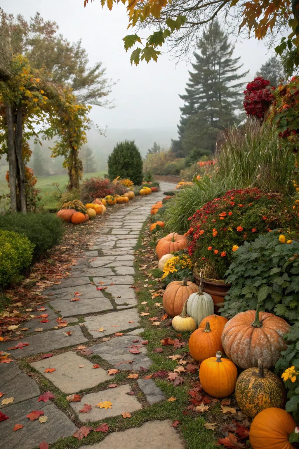 Pumpkins and gourds add a classic autumn flair to any landscape.