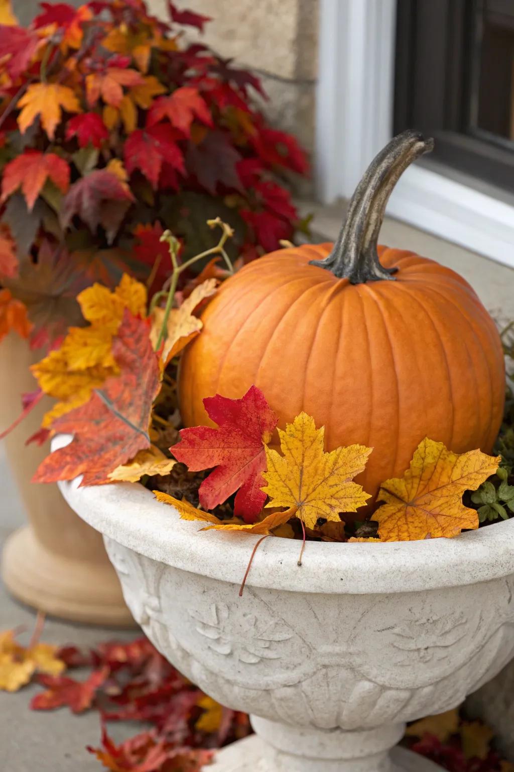 A pumpkin centerpiece framed by autumn leaves captures the essence of fall.
