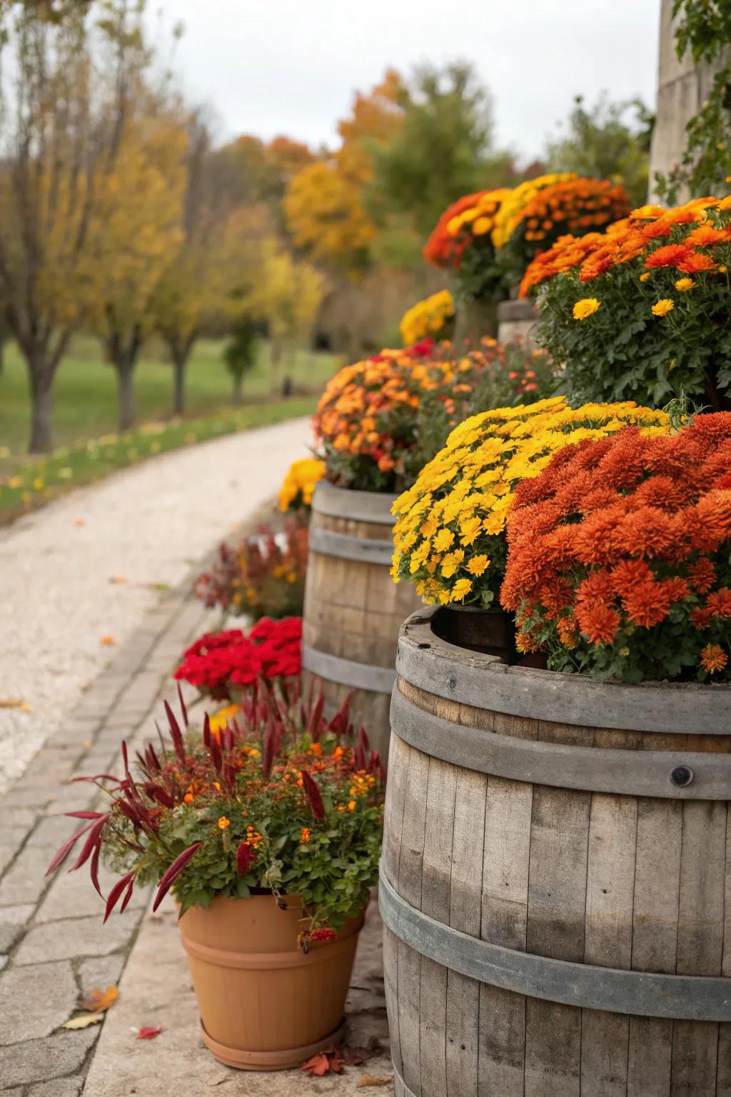 Add rustic charm with wooden barrels as planters.