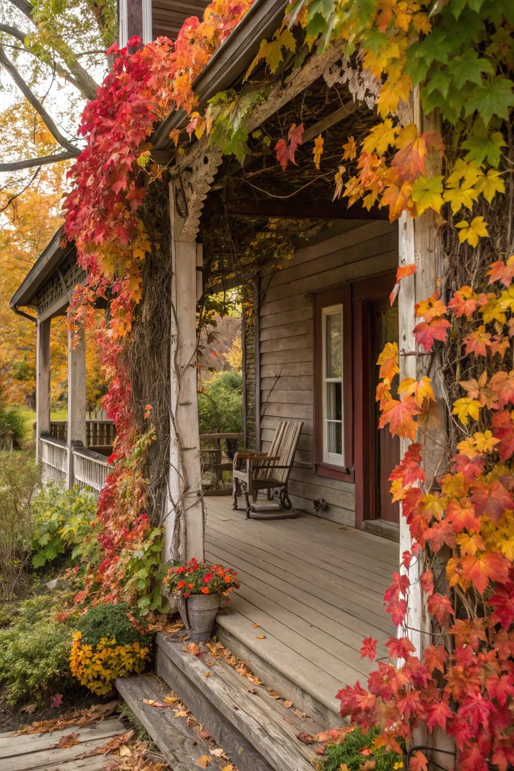 Resplendent fall foliage imparts natural allure to the porch decorations.
