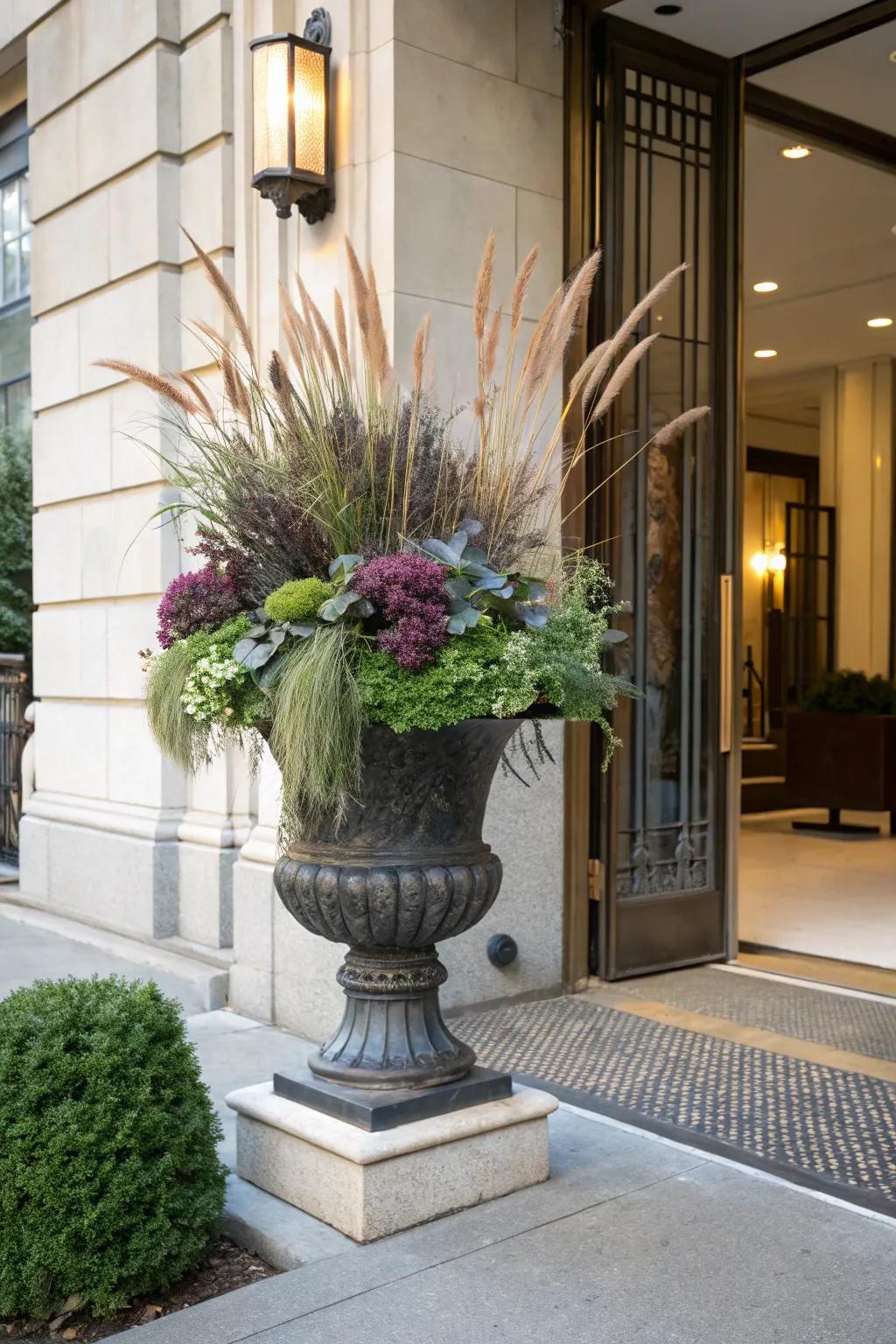 Elegant textures featuring gracious grasses and verdant greens in an autumn container.