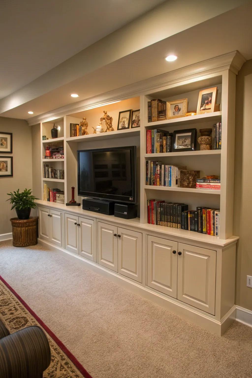 A bespoke arrangement gracefully frames the TV with considerable shelving.