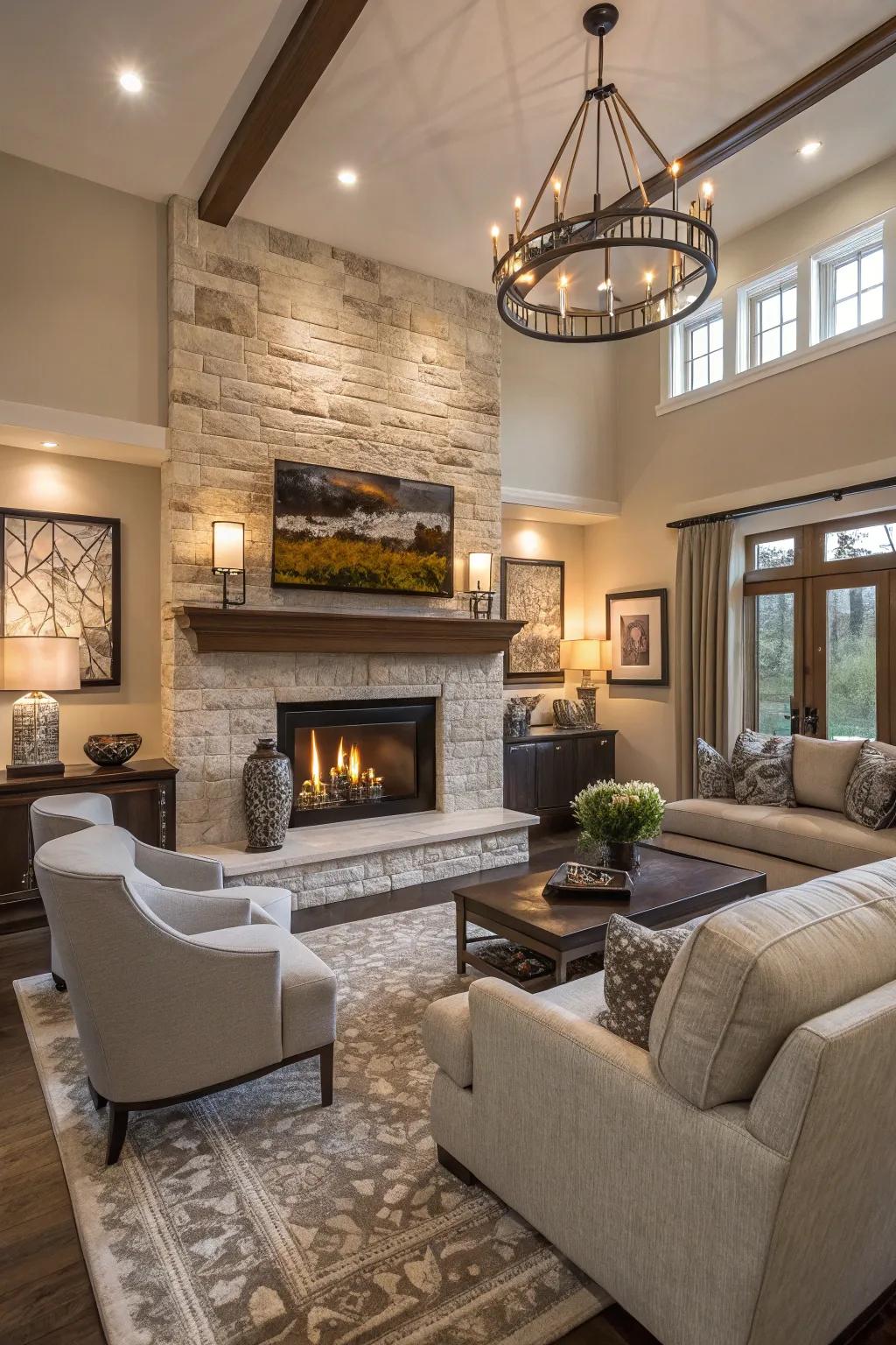 A cozy family room showcasing a striking fireplace as the main feature.