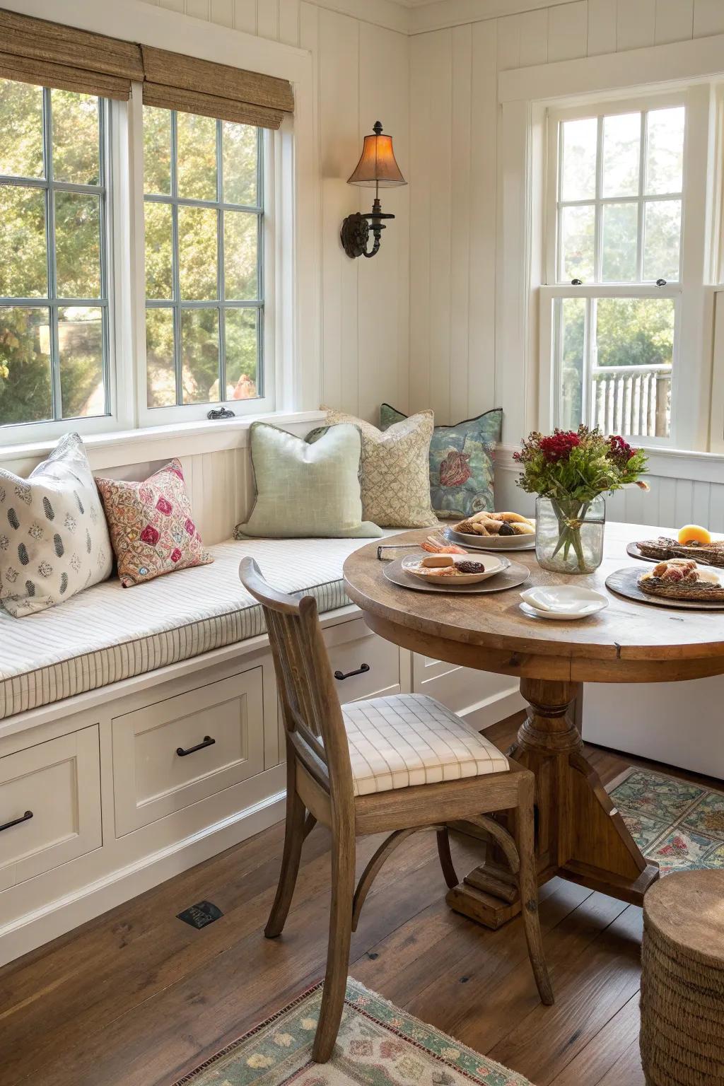 Built-in benches offer coziness and clever storage solutions.