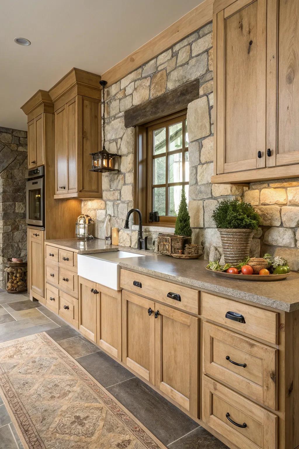 A unified combination of pale timber fittings and rock features in a country-style cooking area.