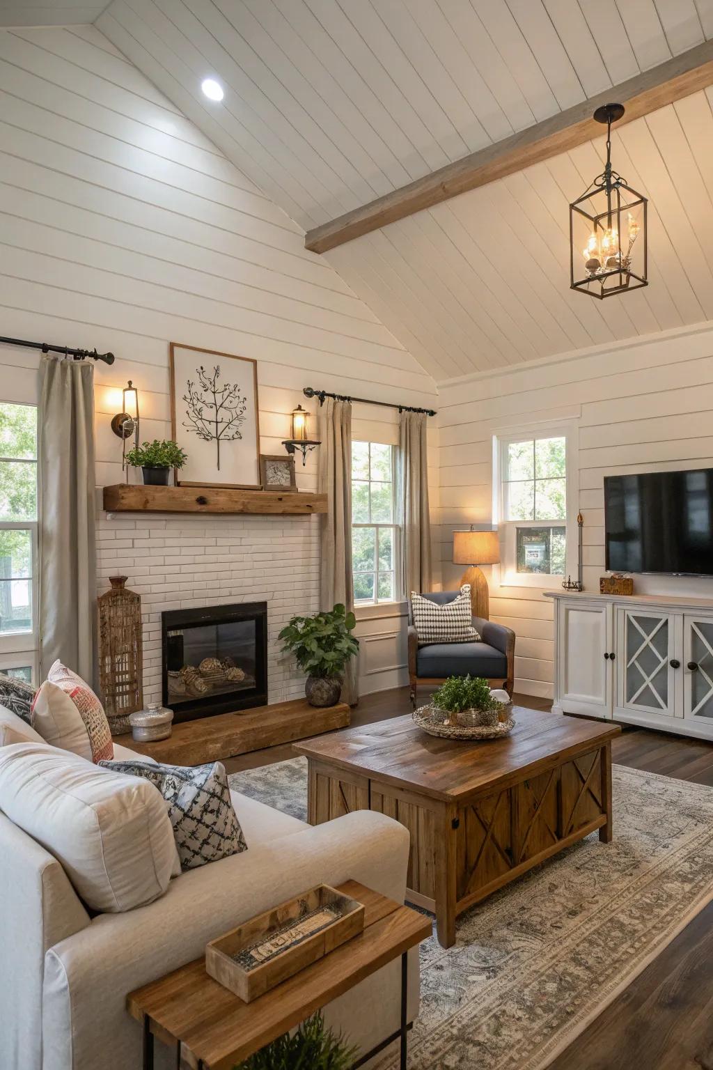 Plank walls fashion an enchanting and textural foundation in this living space.