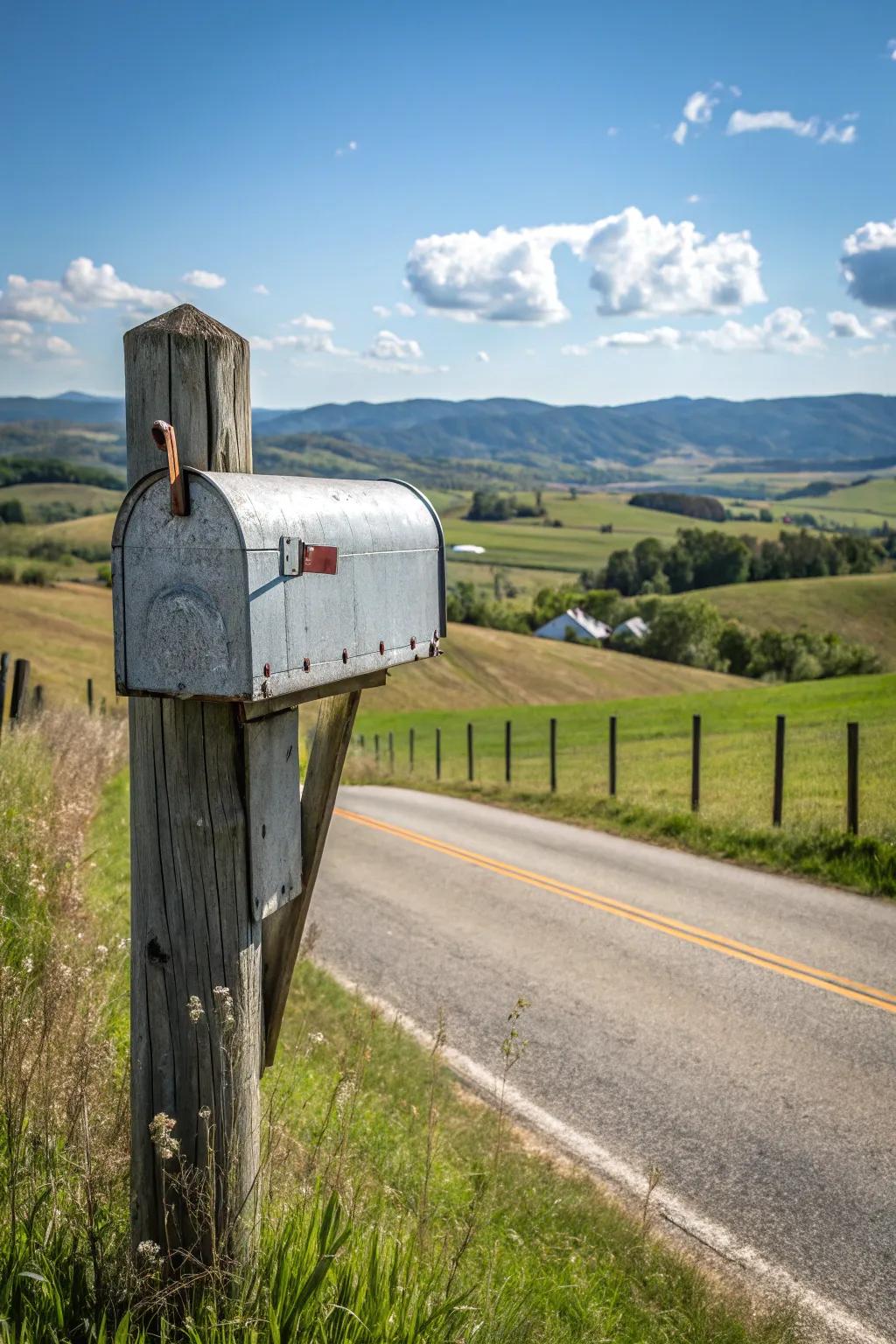 A shiny metal mailbox introduces an industrial note to a peaceful rural setting.