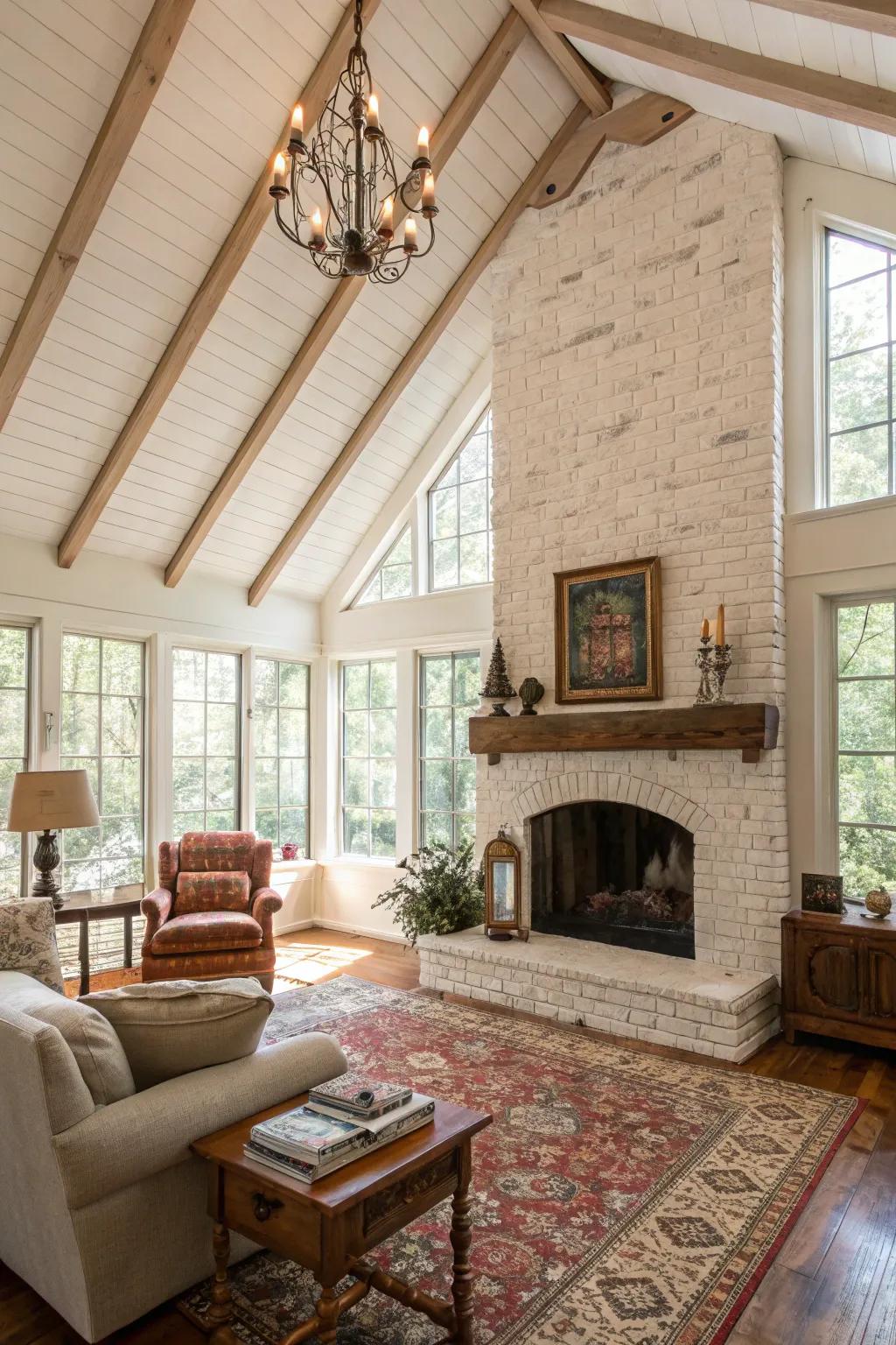 A whitewashed brick fireplace in a bright and airy living room.