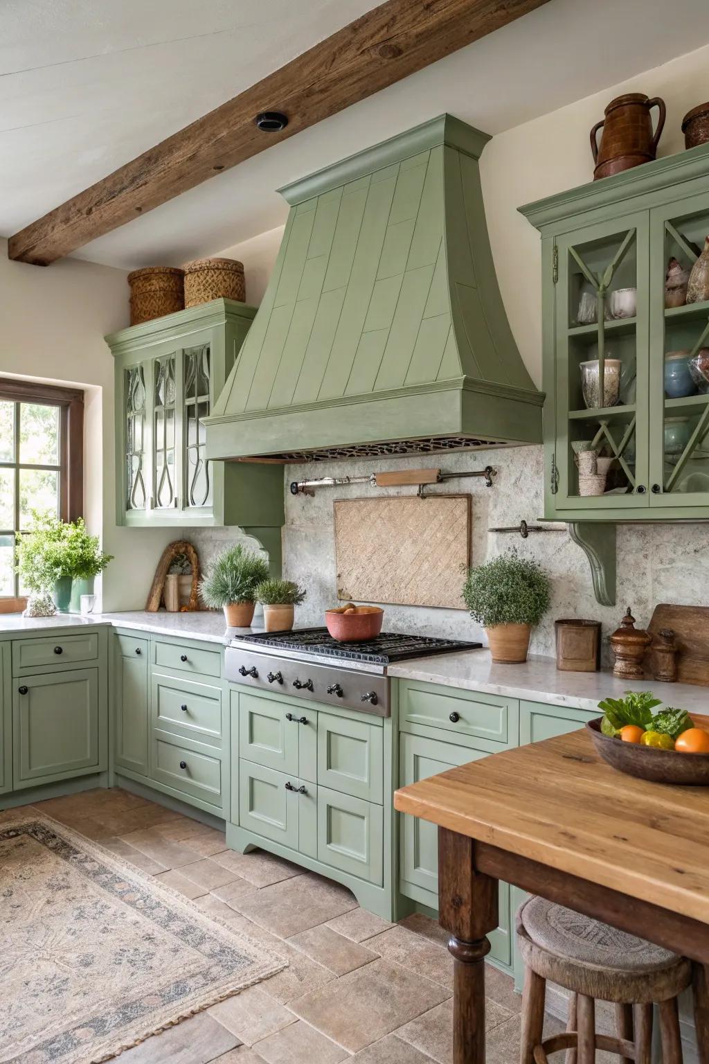 A light green painted range hood effortlessly matches the farmhouse-styled kitchen.