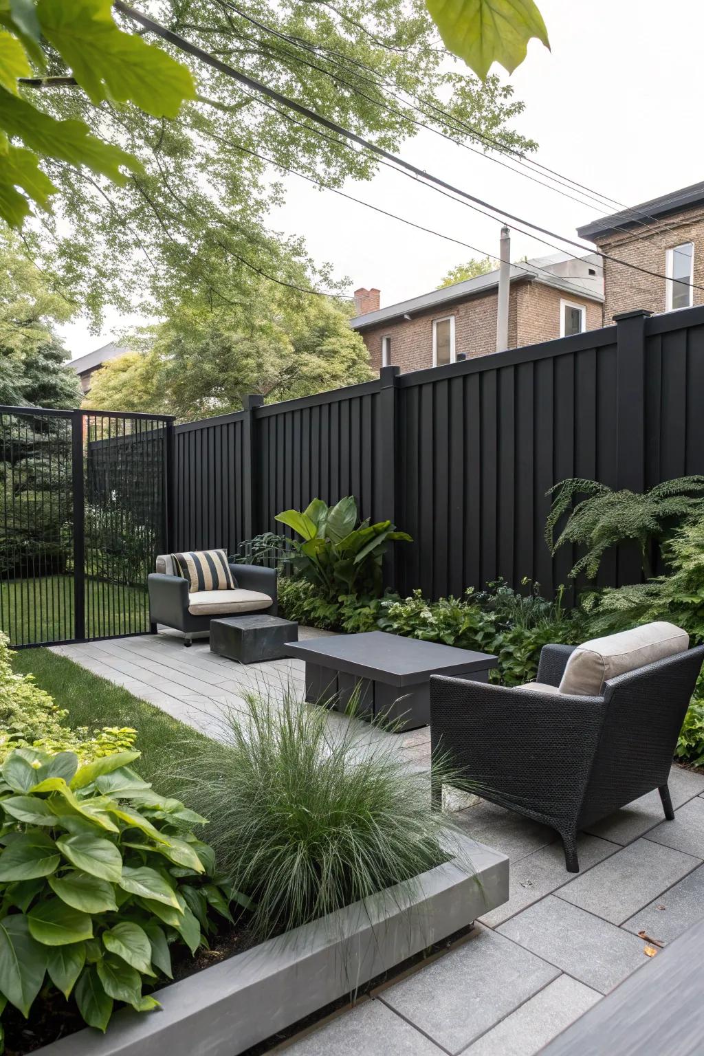 Black fences provide a modern, striking contrast to vibrant greenery.