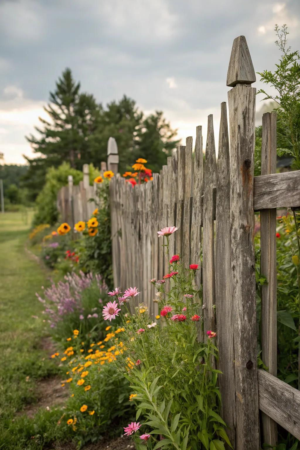 A rustic fence made using reclaimed wood boosts appeal and sustainability.