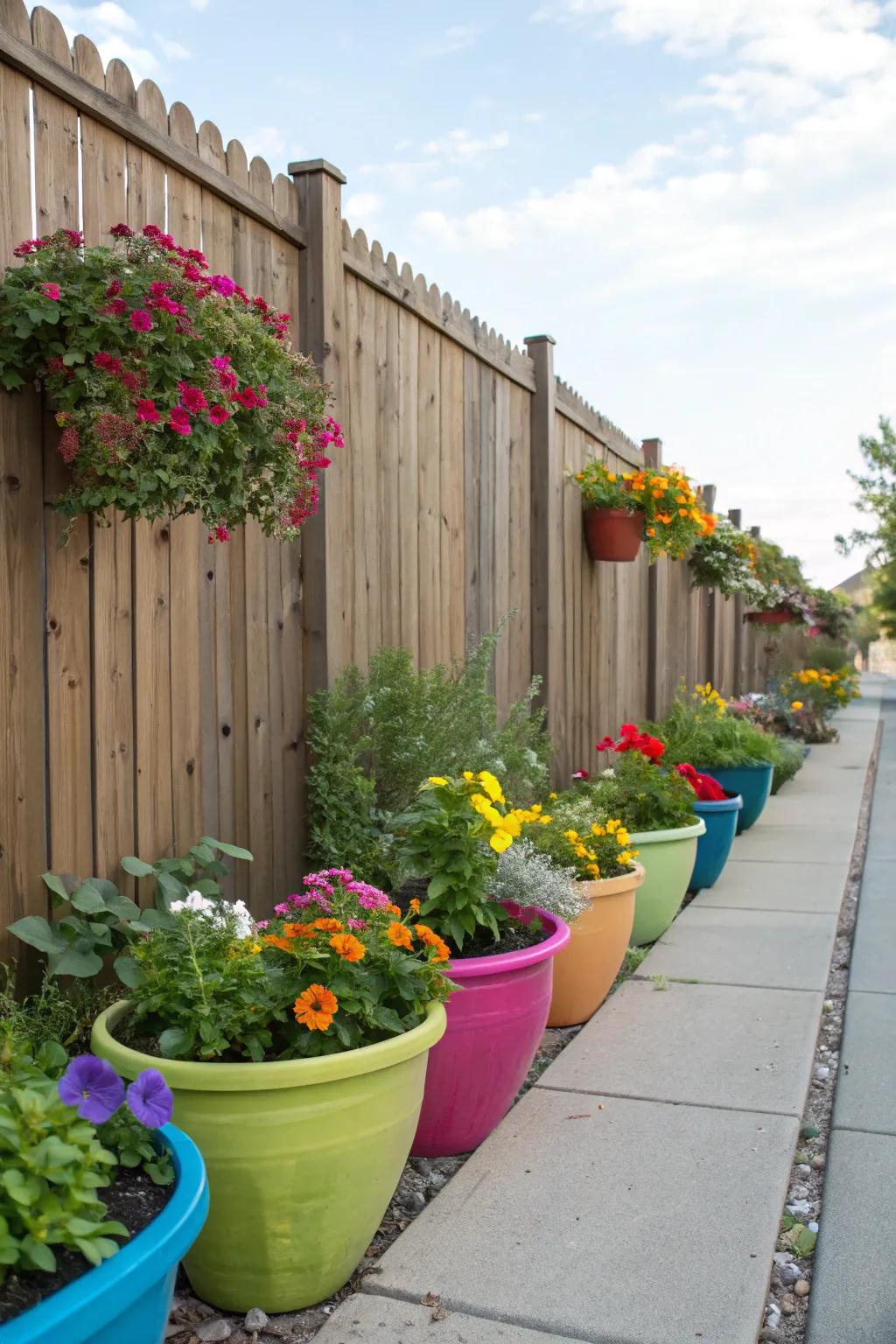 A parade of potted plants brightens up any fence.