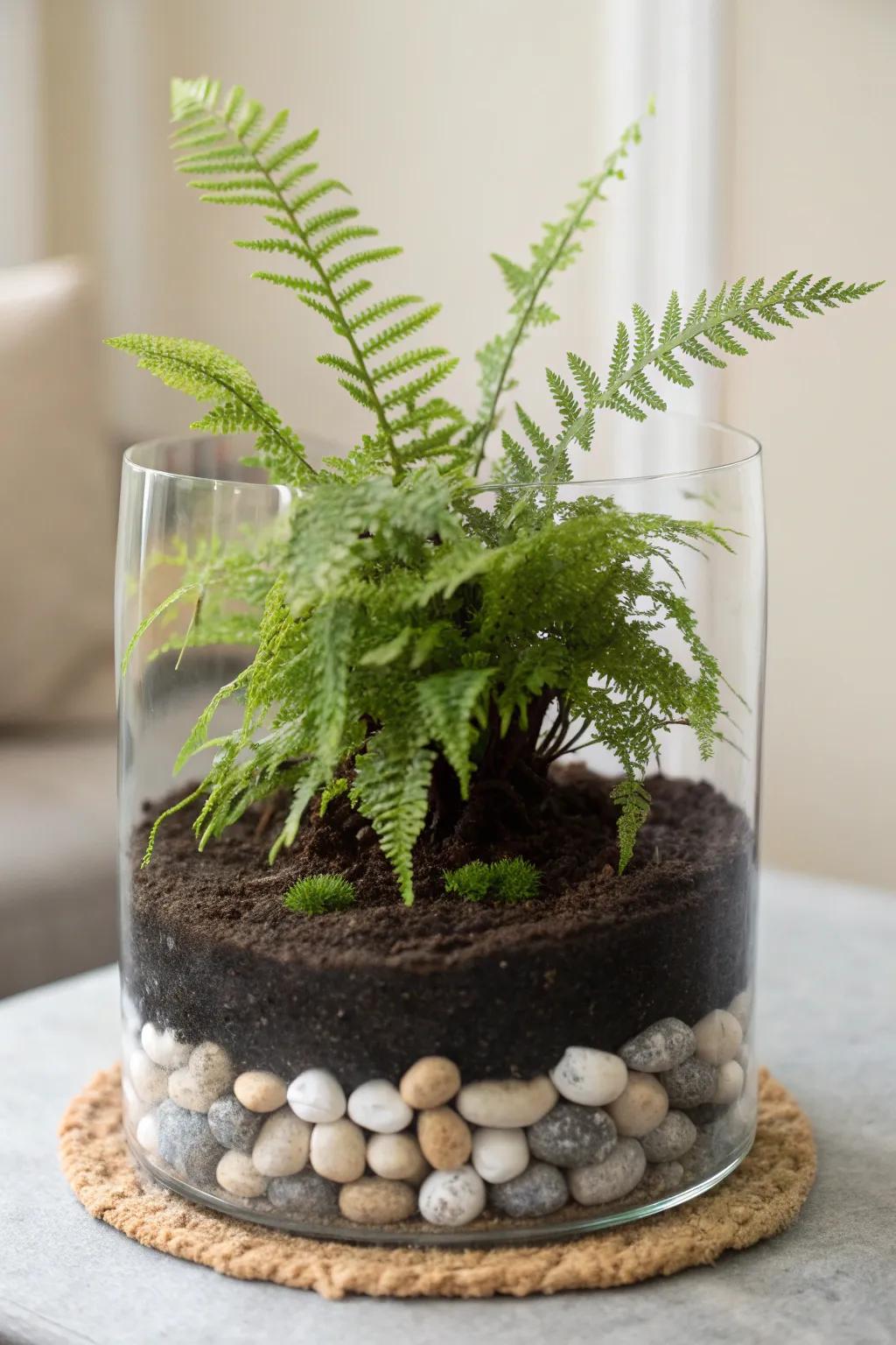 Embrace nature's elegance with a layered earth fern terrarium, where beauty meets simplicity.