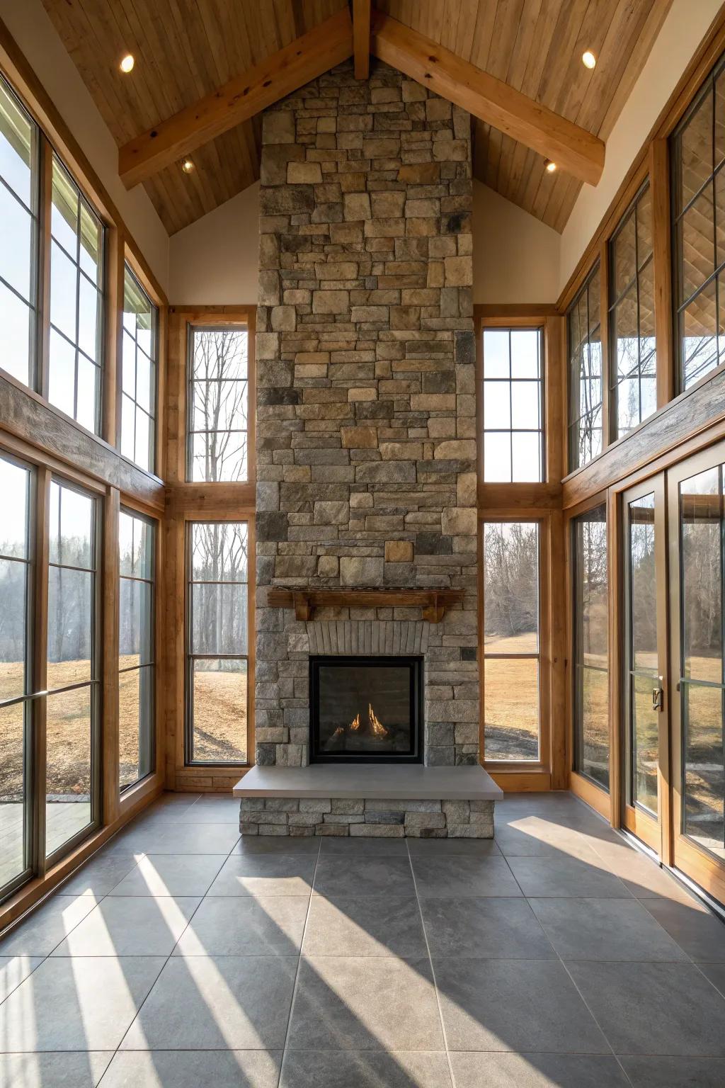 A perfect blend of rustic and modern elements centered around a stone fireplace.