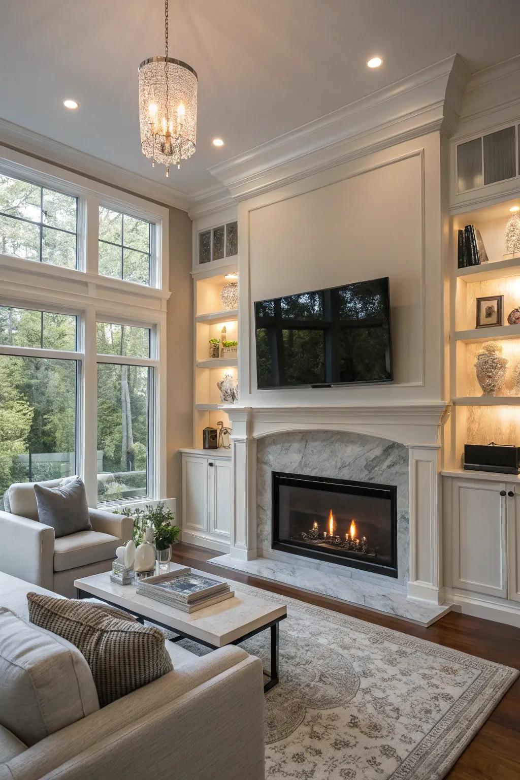 A sleek integration of entertainment with a cozy fireplace setup.