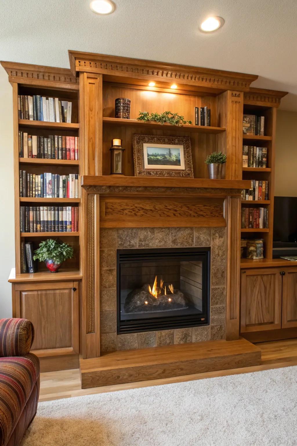 Integrated shelving introduces both flair and practicality to this welcoming fireplace space.